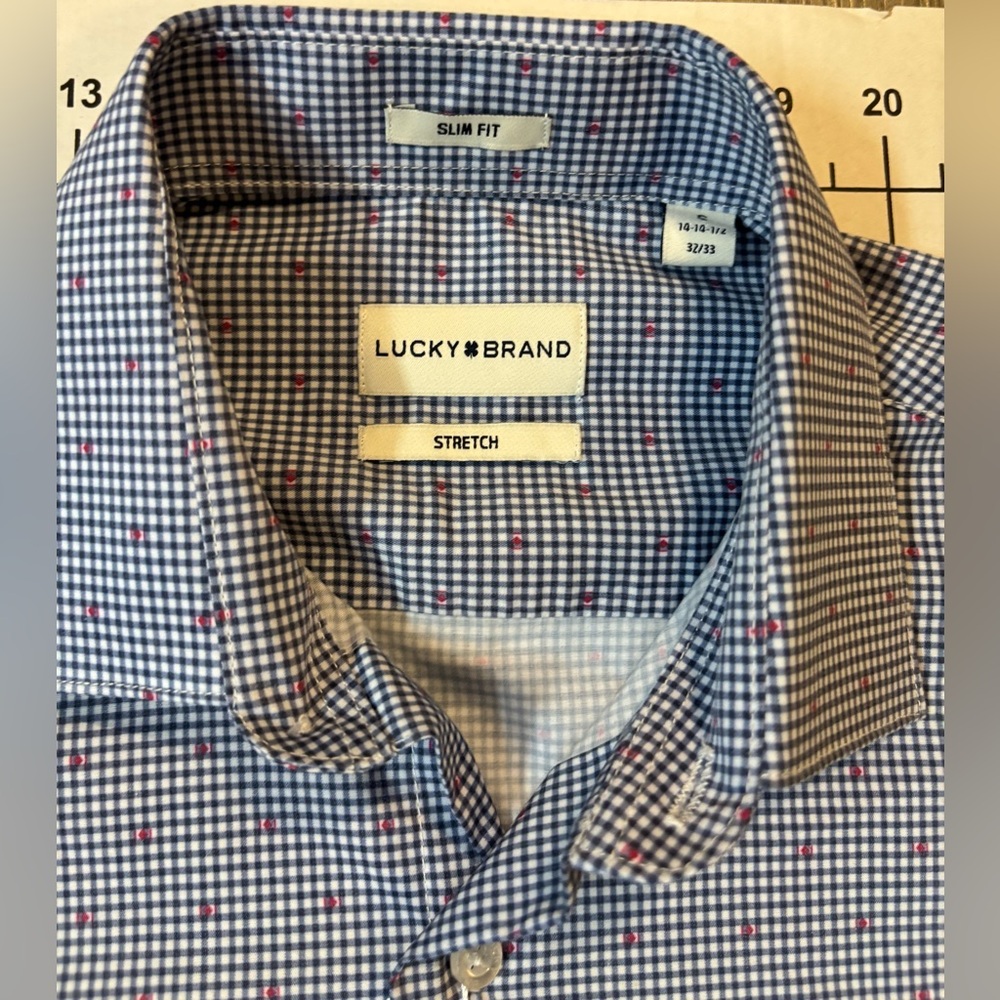 NWT‎ Lucky Brand Stretch Men’s S (14-14.5/32-33) Blue-White Checkered Slim Fit